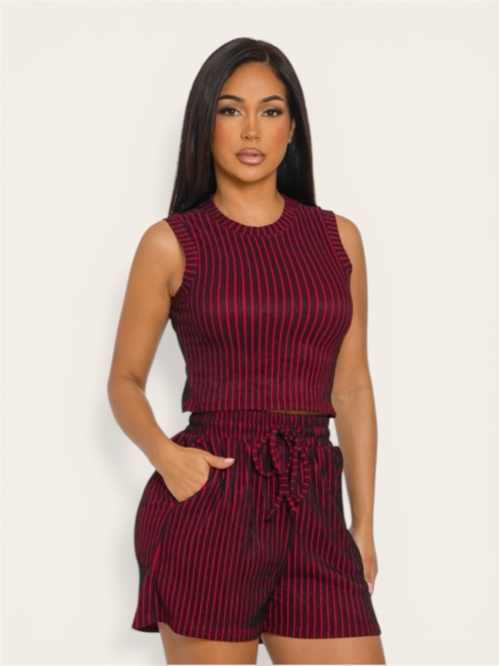 Striped Burgundy Sleeveless Crop Top & Drawstring Shorts Set